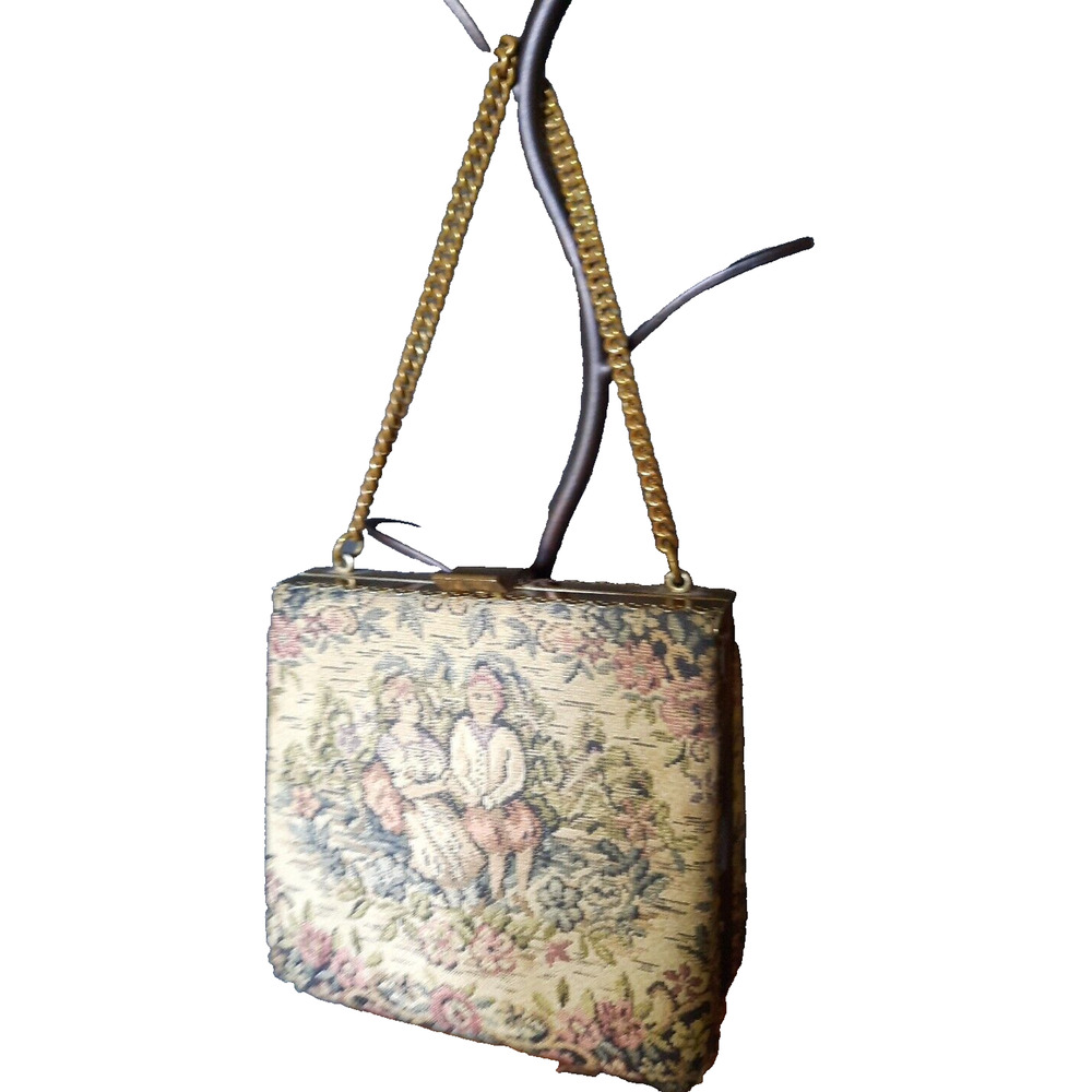 Vintage French Tapestry EVENING BAG Purse Victorian Scene Brass trim